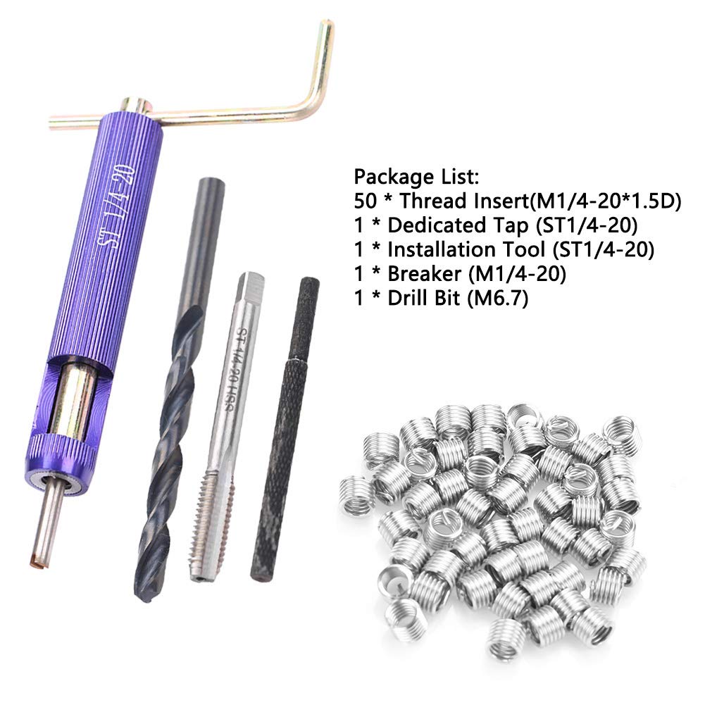 Thread Repair Insert, 50Pcs Stainless Steel Thread Insert Set Installment Tool Kit 1/4-20UNC1.5D Hex Socket Coiled Wire Insert: Industrial & Scientific