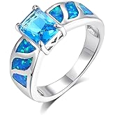MDFUN Opal Engagement Halo Ring for Women Created Opal Cubic Zirconia 2 in 1 Rings Set 18k White Gold Plated Round CZ Promise Ring Bands Jewelry Gifts Size 5-10