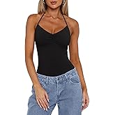 REORIA Women's Sexy Halter V Neck Sleeveless Bodysuit Backless Cami Bodysuits Tank Tops Basic