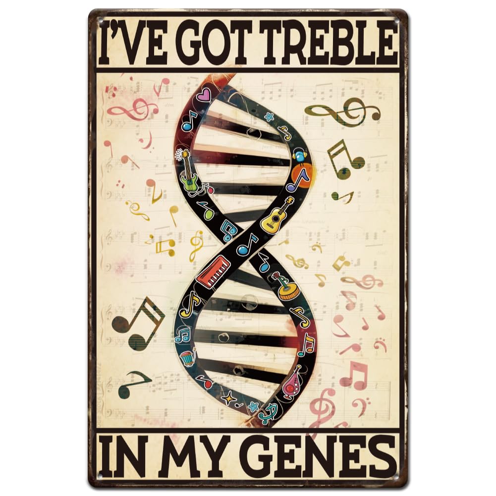 SUPERDANT Musical Gene Metal Tin Sign Music Funny Tin Signs I've Got Treble In My Genes Sign Retro Metal Poster Vintage Art Tin Sign for Home Cafes Bars Pub Man Cave Wall Decor Plaque Sign