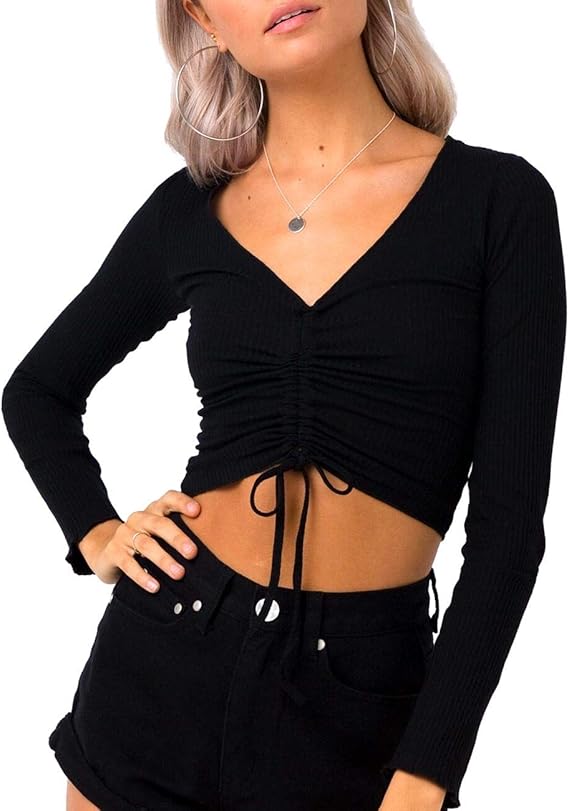 ALLYMAGIC Women's V Neck Long Sleeves Crop Top Tie Up Casual Knit