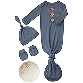 Newborn Baby Knotted Gown Headband/Hat Set Clothes Bamboo Viscose Sleep Gown with Announcement Sign