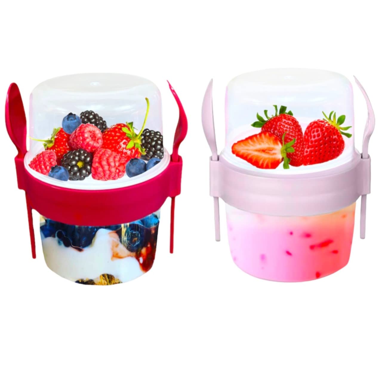 VL 2PCs Yogurt Pots Reusable 500ml Yoghurt Container with Spoon & Fork BPA free Breakfast Pots to GO Muesli Cereal On the Go Dishwasher Safe Lunch Box Oatmeal Jars, Set of 2 (Red, Pink)