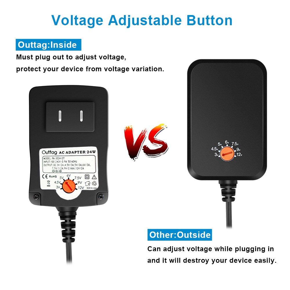 Outtag 24W 3v/ 4.5v/ 5v/ 6v/ 7.5v/ 9v/ 12v Regulated Multi Voltage Switching Replacement Power AC Adapter for Household Electronics Routers Speakers CCTV Cameras Smart Phone USB Charging Device