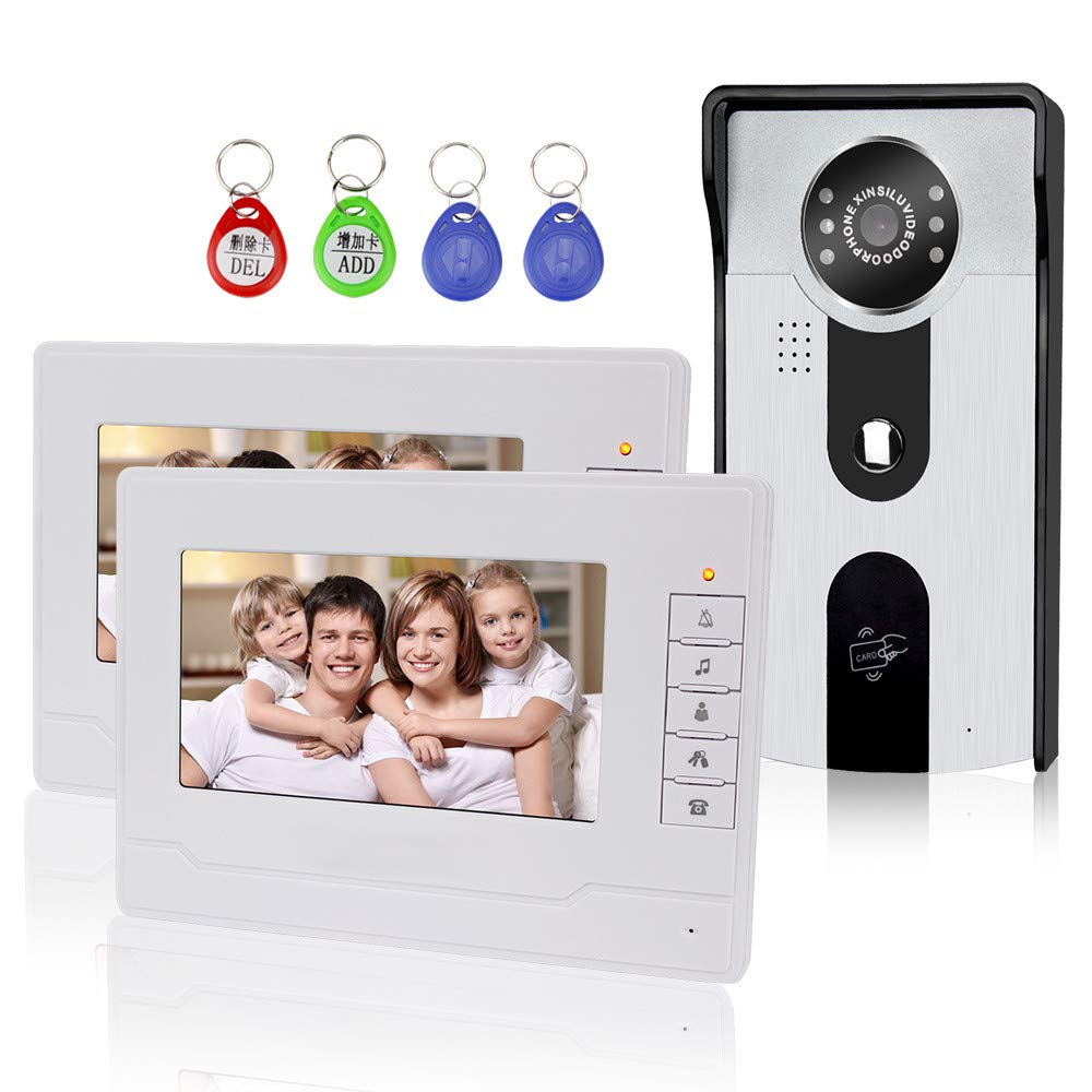 KDL 7” Video Doorbell Door Phone Intercom System RFID Access Control with Two-Way Audio/IR Night Vision/Multi Ring/Color HD Camera Monitor for Home Security (2 Monitors)