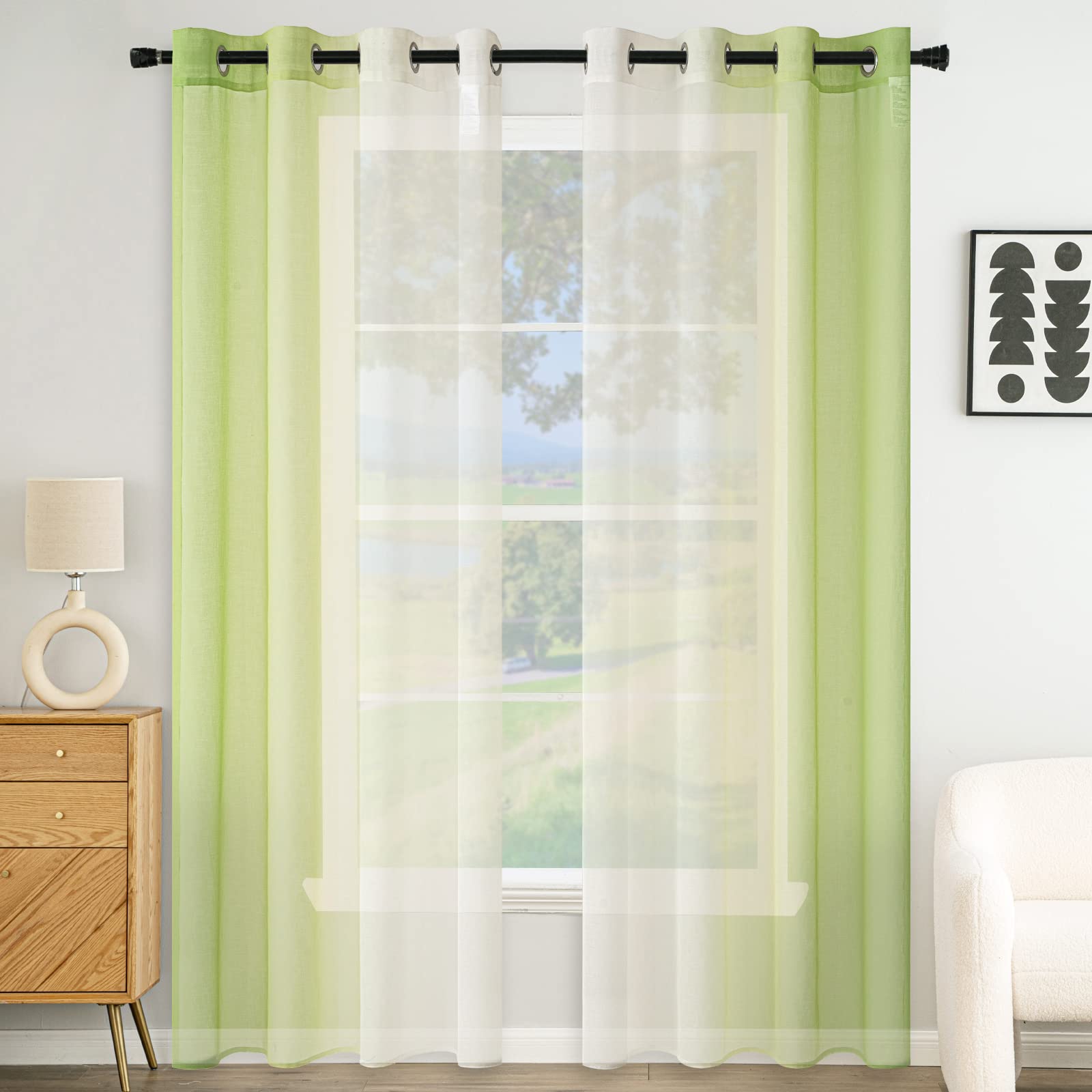 EMEMA Transparent Voile Curtains Gradient Eyelets for Living Room Bedroom Bathroom Kitchen Baby Room Curtain Window Balcony House with 2 Panels 140 x 245CM Green