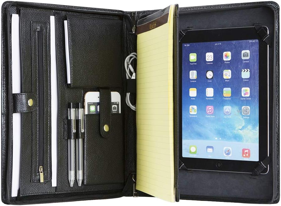 Handmade Genuine Leather Conference Folder Zipped for iPad 9.7(2018/2017)/iPad Pro 9.7/iPad Air 2/iPad Air, A4 Size Portfolio Padfolio Case,Business Organizer, A4 Document Folder, Brown