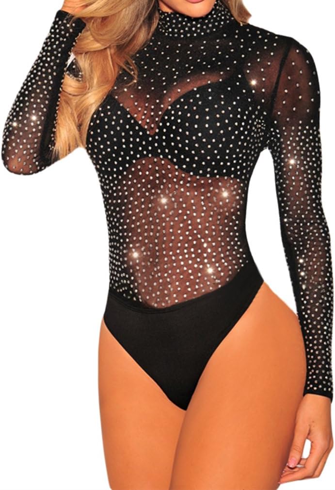 BarbedRoseWomen's Sexy Rhinestone Sheer Mesh Long Sleeves Bodysuit S-3XL