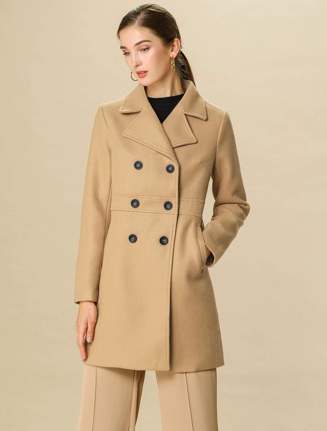 Allegra K Women's Double Breasted Notched Lapel Long Winter Coats: Clothing