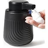BosilunLife Ceramic Automatic Soap Dispenser with Extended Pump Nozzle, 3 Adjustable Levels, Touchless Foam Hand Wash Foaming Dispenser for Bathroom & Kitchen, Embossed Wave Design, Black, 10oz