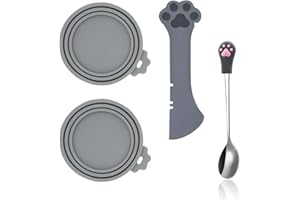 SJANE Cat Food Can Spoons & Can Lids | 4 Pcs | Multi-function Opener | Silicone Pet Food Covers | Stainless Steel Wet Food Spoon for Cats and Dogs(Grey)