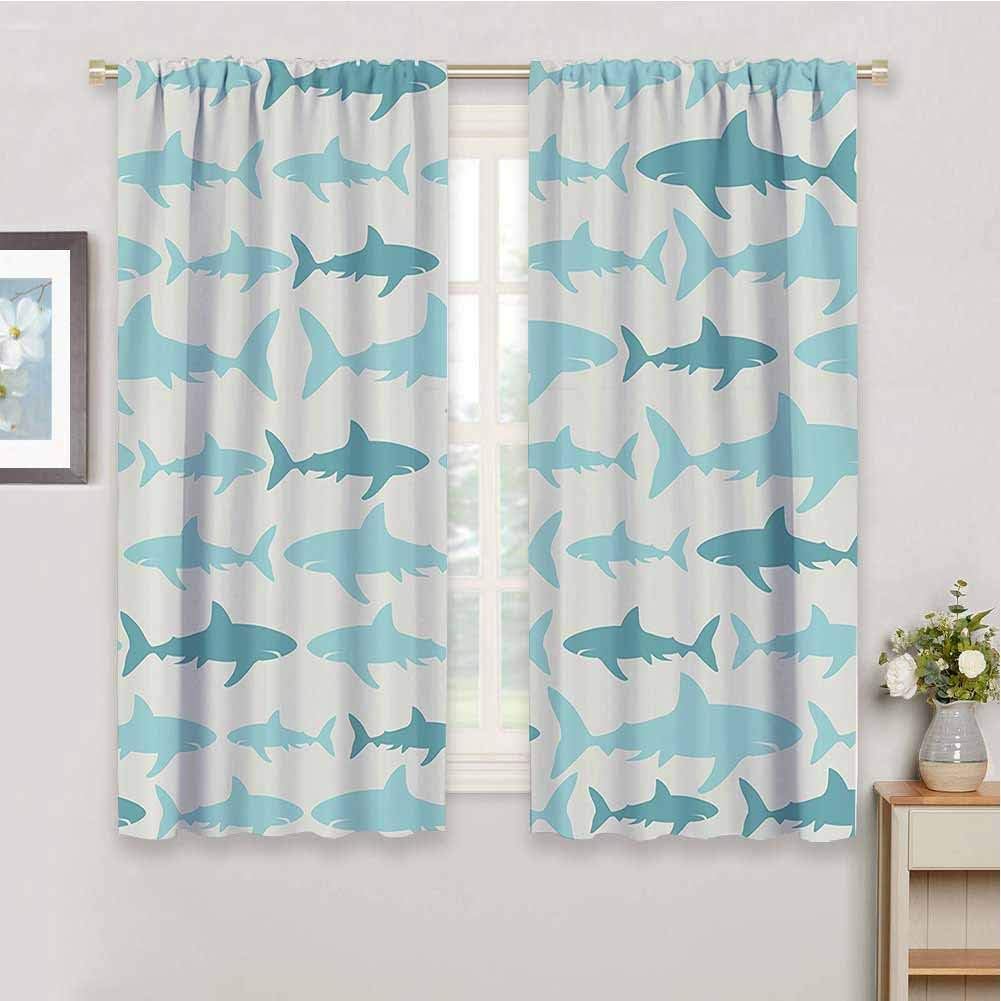 Windproof Curtain Fish Blue Sharks Pattern Sea Animals Theme Monochrome Fashion Maritime Aquatic Print Decorative Shading W72 x L84