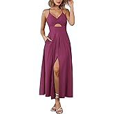 BTFBM Women 2026 Spaghetti Strap Midi Summer Dresses Sleeveless V Neck Cutout Slit Casual Beach Party Maxi Dress Pockets