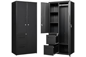 BYNSOE Metal Locker with 2 Drawers Employees Locker with 2 Doors Metal Storage Cabinet with Locking for Home School (Black)