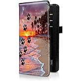 RWUTYTIUL Checkbook Wallets for Women & Men, Leather Check Book Cover for Personal Checkbook Holder Case with Top & Side Tear Duplicate Checks Card Wallet with RFID Blocking, Dog Paw Print Beach