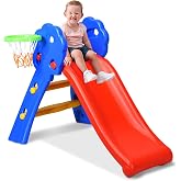 KOTEK Folding Toddler Slide for Indoor and Outdoor, Freestanding Plastic Baby Slide Climber Playset, Easy to Store, Anti-Slip Steps, Kids Playground Toy Ages 3-5 (Blue with Basketball Hoop)