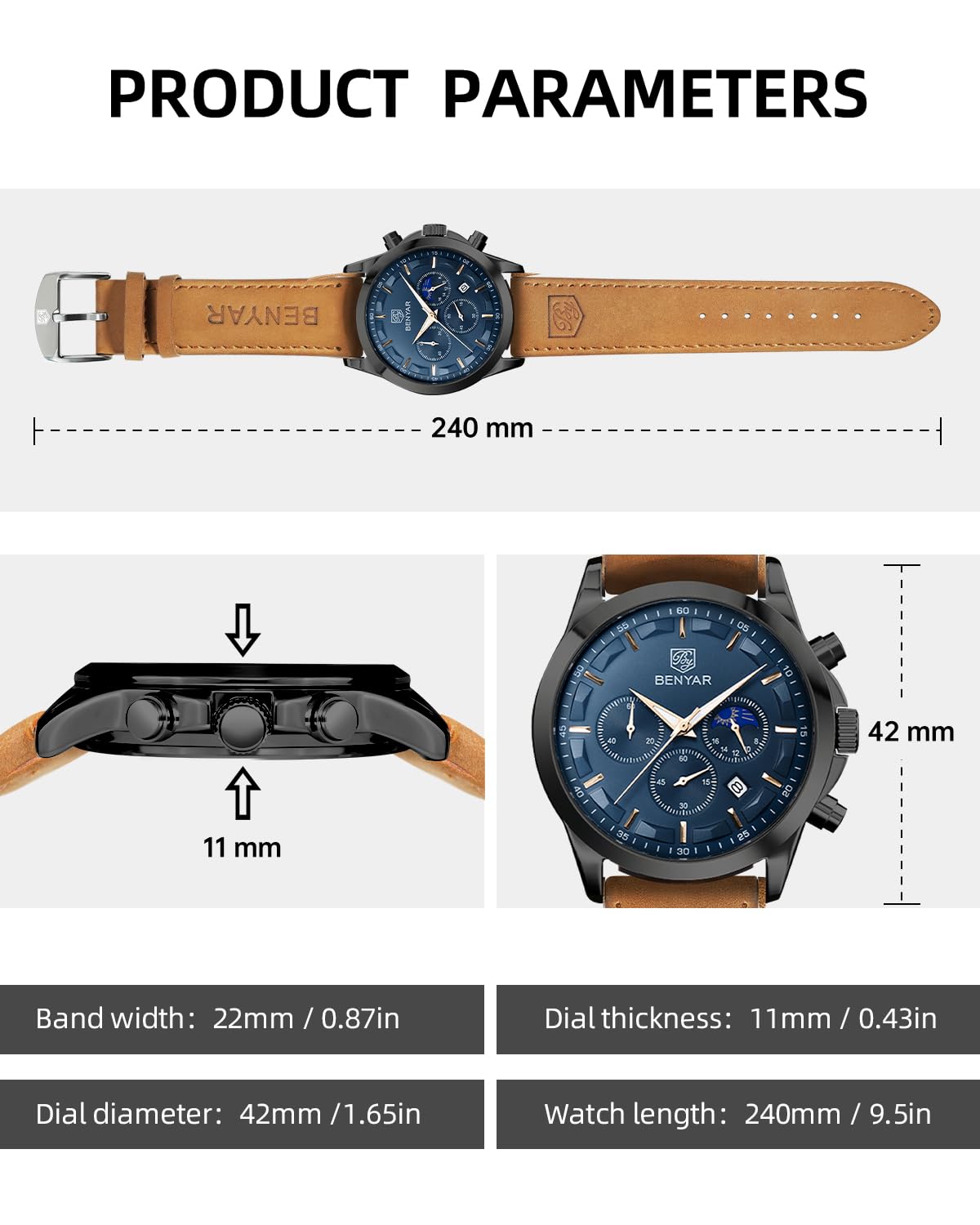 BENYAR Herren Uhr Chronograph Analog Quarz Wasserdicht Leuchtende Datum Herrenuhren Stilvolle Lederband Armbanduhr Elegantes Business Uhren Geschenk für Männer