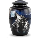 Midnight Wolves Cremation Urn – 3 Wolves Howling at The Moon – Full Size Wolf Urn for Human Ashes up to 210 lbs – Moonlit Wolves Memorial Funeral Urn for Men and Women with Velvet Bag (Large)