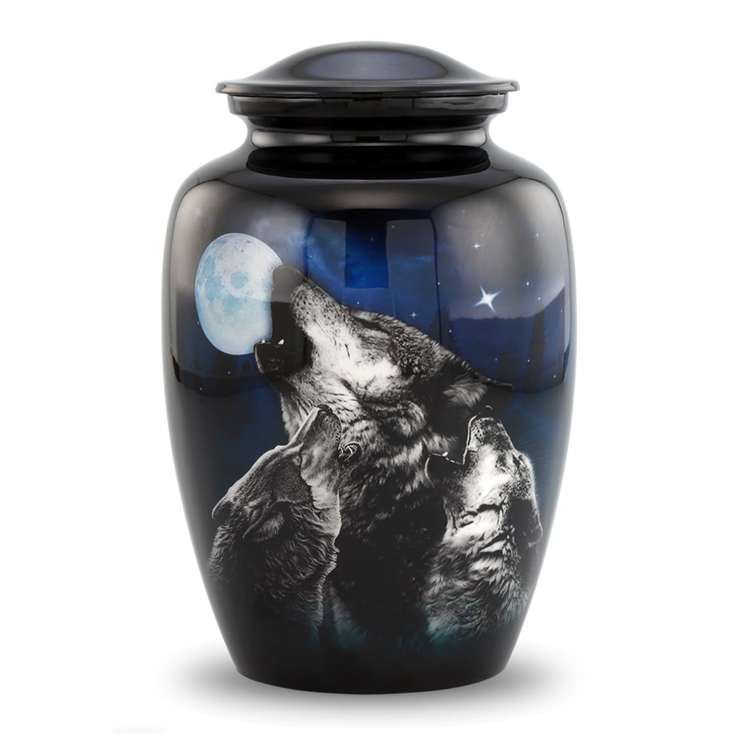 Midnight Wolves Cremation Urn – 3 Wolves Howling at The Moon – Full Size Wolf Urn for Human Ashes up to 210 lbs – Moonlit Wolves Memorial Funeral Urn for Men and Women with Velvet Bag (Large)