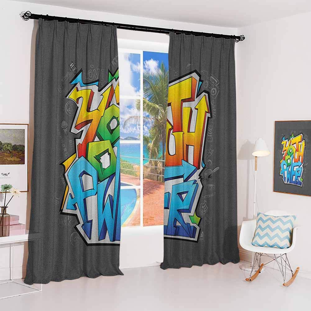 GUUVOR Youth Hook up Curtain Graffiti Art Themed Illustration Youth Power Words on Abstract Backdrop in Grey Color for Bedroom Kindergarten Living Room W72 x L84 Inch Multicolor