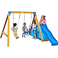SuniBoxi Playground Swing Sets for Backyard for Kids, Wooden Playground Sets for Backyards with 2 Swings, a Big Wave Slide, Climbing Wall, Kids Outdoor Playset for Ages 3-6