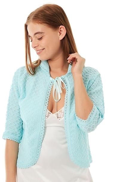 Damen Strickbolero mit Schleife auf der Vorderseite, 3/4-Ärmel, erhältlich in den Farben Rosa / Blau / Grün und den Größen 34