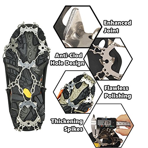 szlzhsm Crampons Universal Flexible Anti-Slip Ice Grips Snow Traction Cleats Ice Spikes Crampon with Stainless Steel Chain for Climbing Hiking(Black L 19Teeth)