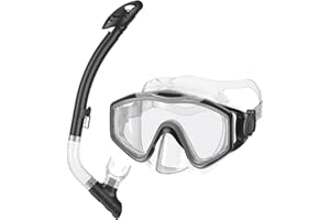 BiuBiuFly Dry Top Snorkel Set: Panoramic Wide View Tempered Glass Lens Scuba Diving Mask Adjustable Adults Snorkeling Swimming Gear