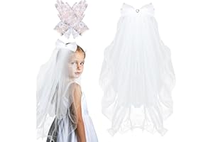 Sdfvsdg 2 Pieces First Communion Veils for Girls White Bowknot Holy Wedding Veil Rhinestone Comb Satin Lace Flower Gloves