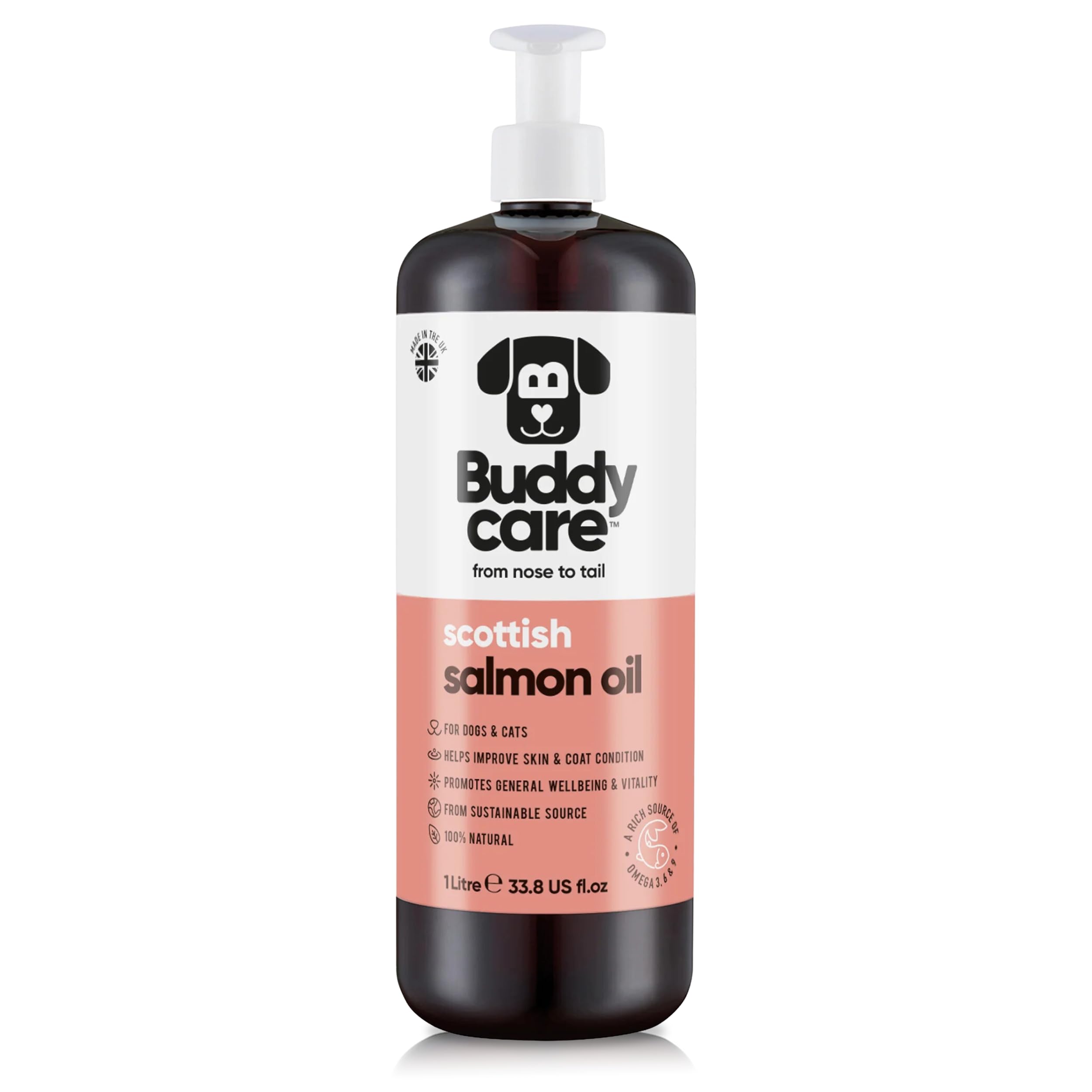 Buddycare Scottish Salmon Oil for Dogs and Cats (1L) 100% Natural & Sustainable Supplement | Rich in Omega 3, 6 & 9 for Boosting the Health & Vitality of your Pet’s Skin, Coat & Immune System