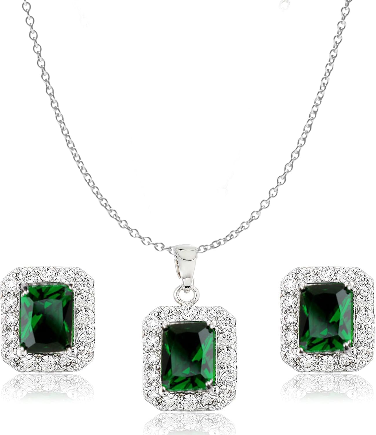 Crystalline Azuria Women 18ct White Gold Plated Green Simulated Emerald Zirconia Crystals Set Pendant Necklace 17.7 inches Stud Earrings