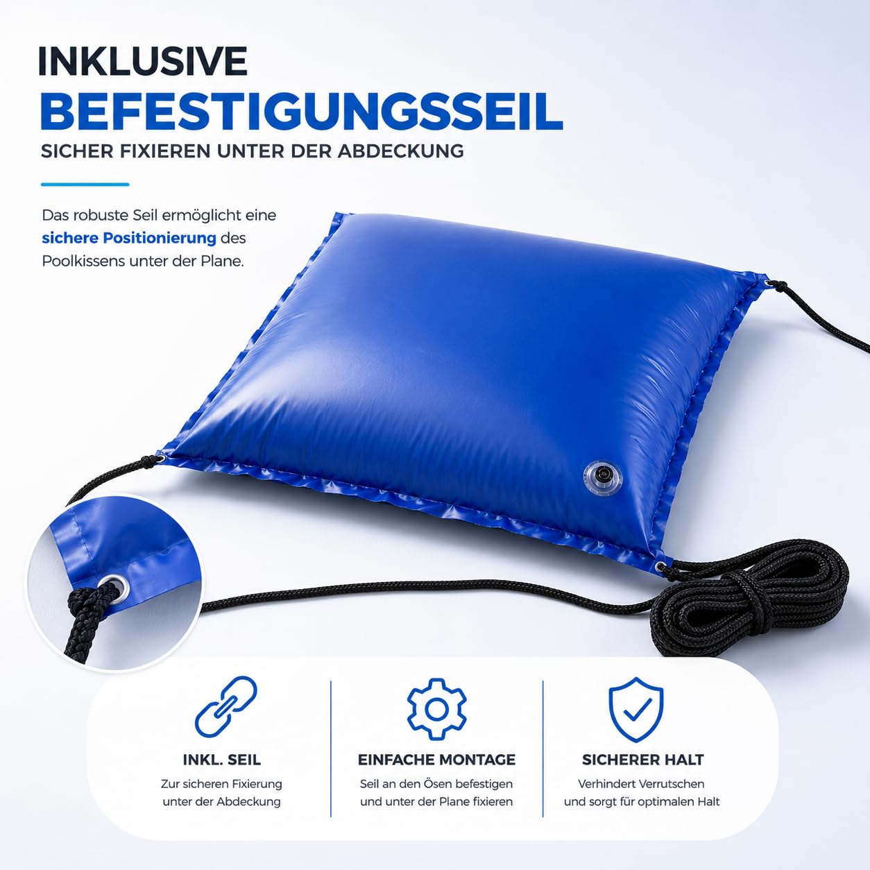 XXL Poolkissen zur Poolabdeckung 120 x 120 cm inkl. Seil – Rundes Luftkissen, Wintermittel für Abdeckung bei Winter und schlechtem Wetter, Zubehör für Pool Überdachung 7