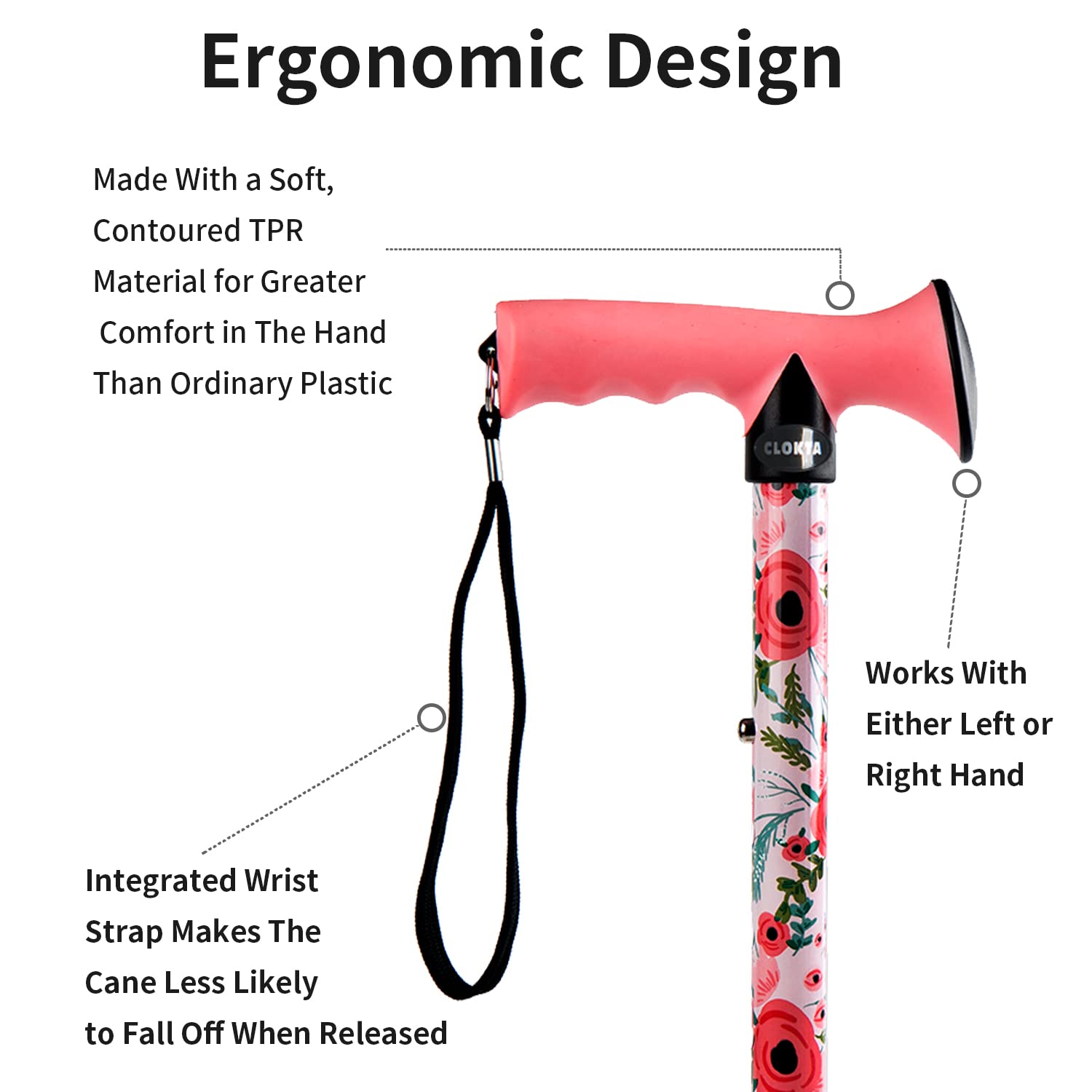 CLOKTA Walking Cane for Men and Women, Foldable Floral Lightweight Adjustable Portable for Folding Canes, Comfortable T-Handle for Seniors Adults