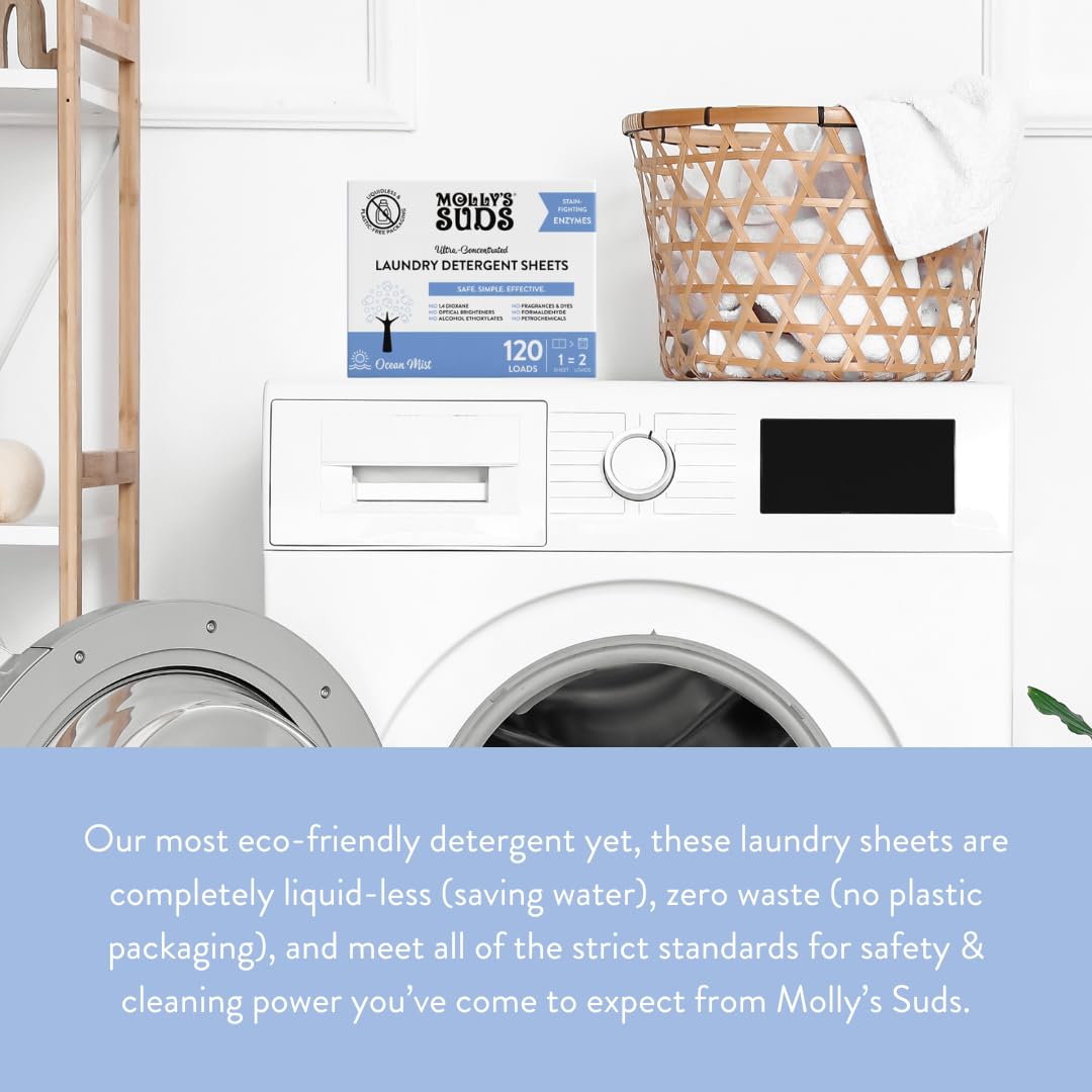 Molly’s Suds Laundry Detergent Sheets | Gentle on Sensitive Skin, Powerful Bio-Based Enzymes, Stain-Fighting | Liquidless & Plastic-Free Packaging | 120 Loads (Ocean Mist)