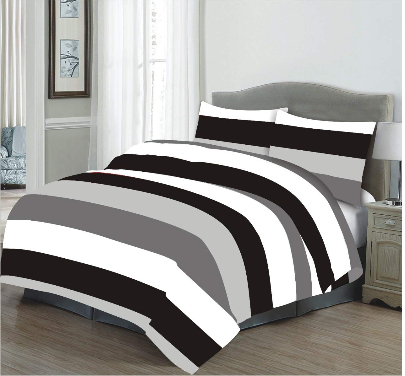 RayyanLinen VANICE Stripes Charcoal Grey White Black Printed Duvet Cover Bedding Set with Pillowcases (King)