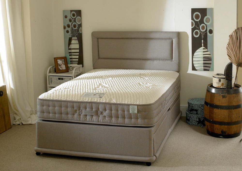 Happy Beds Natural Bamboo Divan Bed Set 2000 Pocket Sprung Memory Foam Mattress 2 Drawers One Per Side Headboard 4'6'' Double 135 x 190 cm