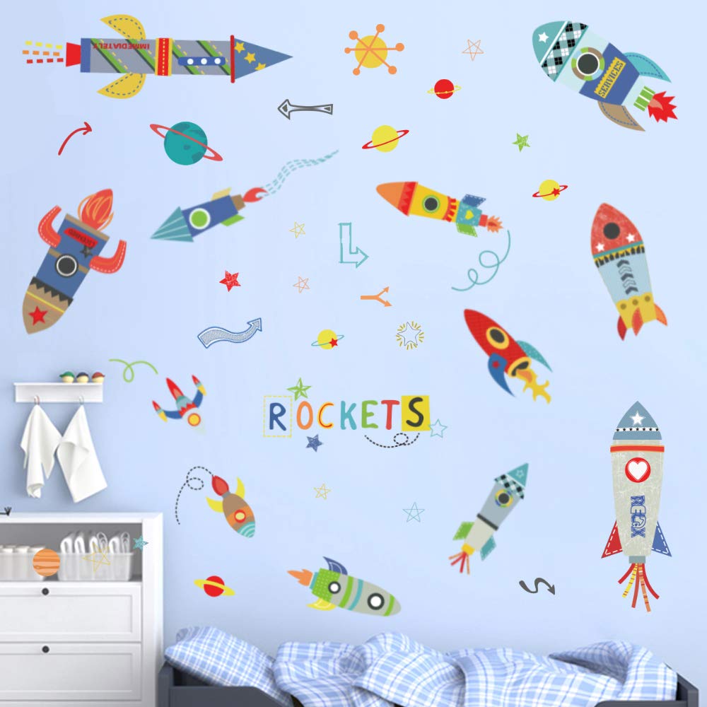 ufengke Colorful Rockets Wall Stickers Outer Space Planets Wall Art Decals Wall Decor for Boys Bedroom Nursery