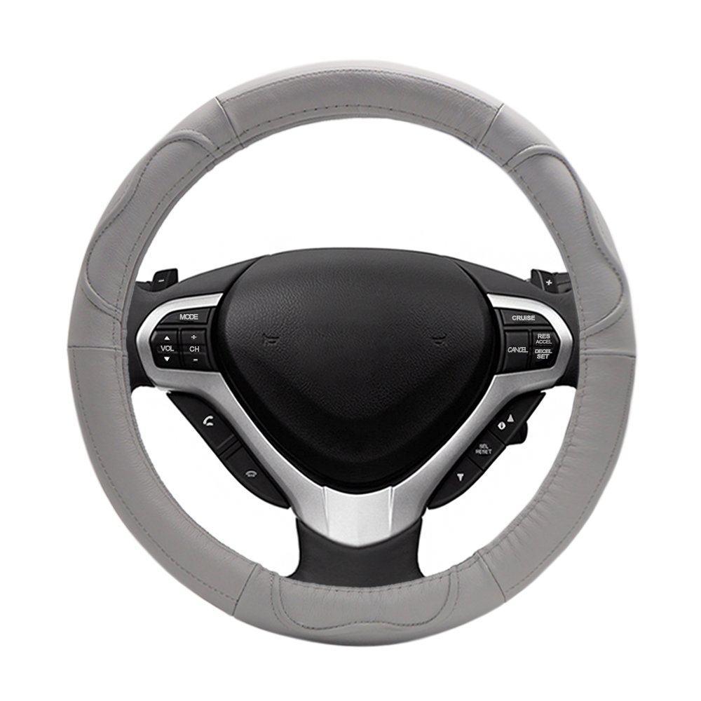LOCEN Genuine Leather Car steering Wheel Cover - B STYLE - Grey (Outer Diameter 35CM-36CM)
