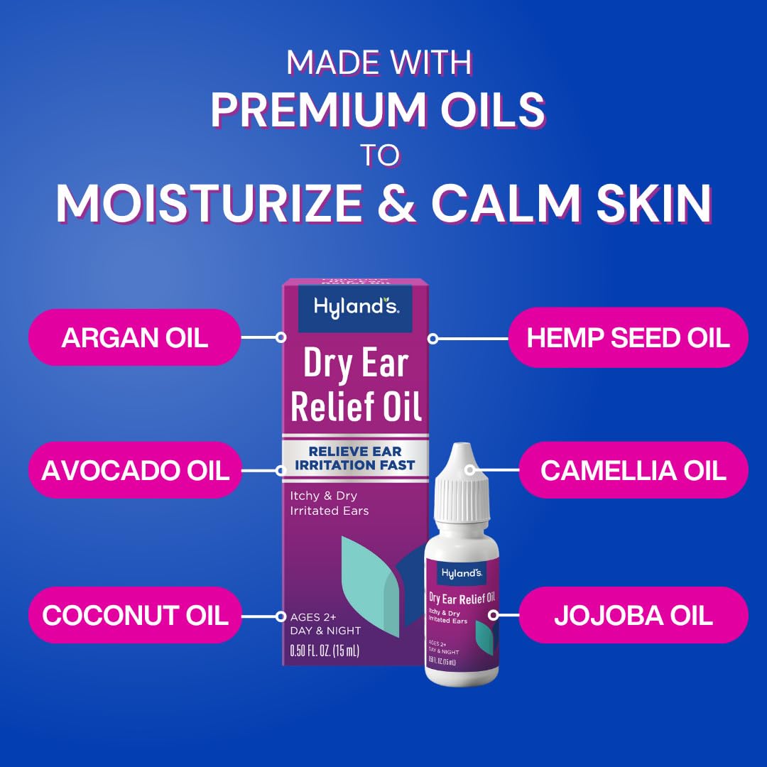Hyland's Dry Ear Relief Oil, Relieve Ear Irritation Fast, for Itchy and Dry Irritated Ears, Ages 2 and up, Day and Night Drops, 0.5 Ounce
