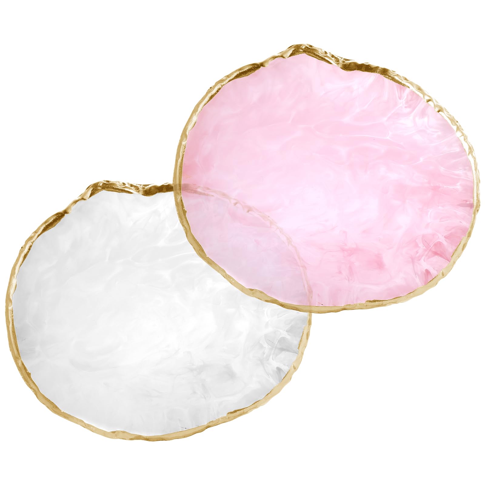 2 Pcs Resin Nail Art Palette, Make up Mixing Palette Gold Edge Nail Polish Color Tool, Round Nail Painting Display Tray Nail Art Accessories for Nail DIY Supplies (White Pink)