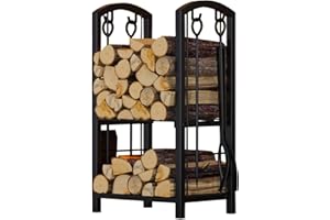 Fire Beauty Fireplace Firewood Log Rack 5-Piece Storage Logs Holder with Tools Set with 4 Tools Set Fireside Holders Wood Lumber Storage Stacking Black