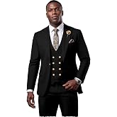 Wehilion 3 Piece Suits for Men Slim Fit Tuxedo Jacket with Gold Button | Formal Wedding Bridegroom Homecoming Prom Dance Party Suit for Mens Double Breasted Tux Blazer Vest and Pant