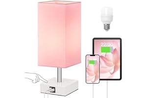 Ambimall Touch Control Table Lamp with 2 USB Charging Ports, 3 Way Touch Lamps Beside Desk, Nightstand Lamp for Bedrooms Living Room, Pink Shade with White Base, LED Bulb Included(Pink)