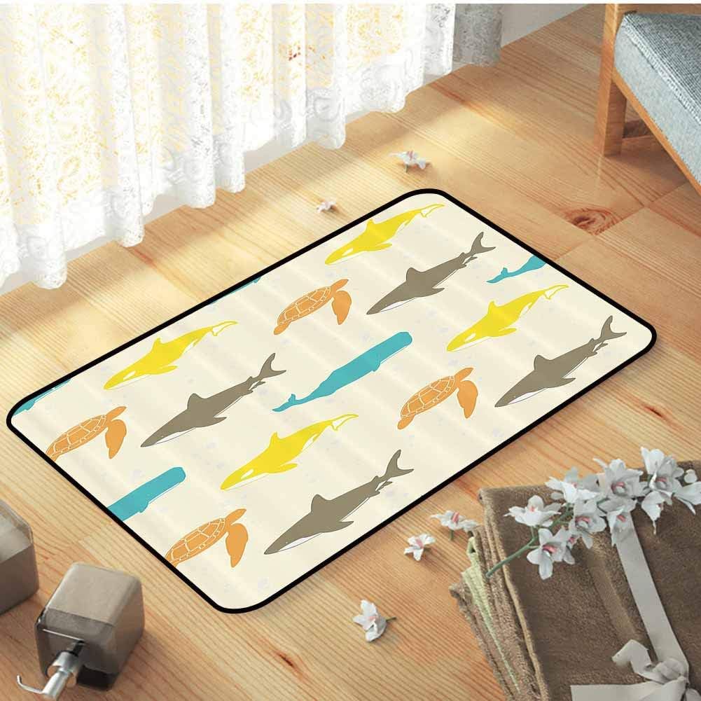 Sea Animals Decor Indoor Mats Pattern with Whale Floor Area Rug Entry Way Doormat for Patio, W31 x L47 Shark and Turtle Aquarium Decorative Doodle Style