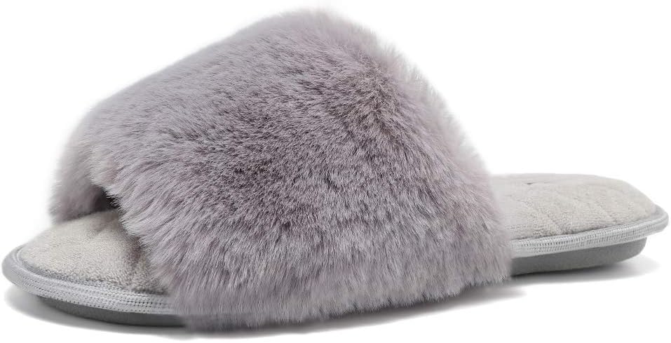 Women's Furry Faux Fur Slippers Cozy Memory Foam House Slippers Soft Comfy Flat Slide Sandals Indoor Outdoor