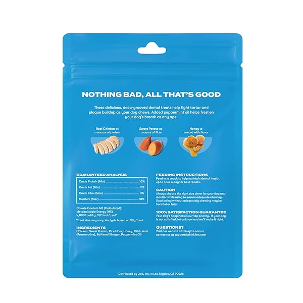 JINX DENTAL CHEWS FOR MEDIUM DOGS, ALL NATURAL, DEEP-GROOVED FOR TEETH CLEANING & TARTAR CONTROL, PEPPERMINT OIL FOR FRESH BREATH, 8.8OZ, 5 PACK
