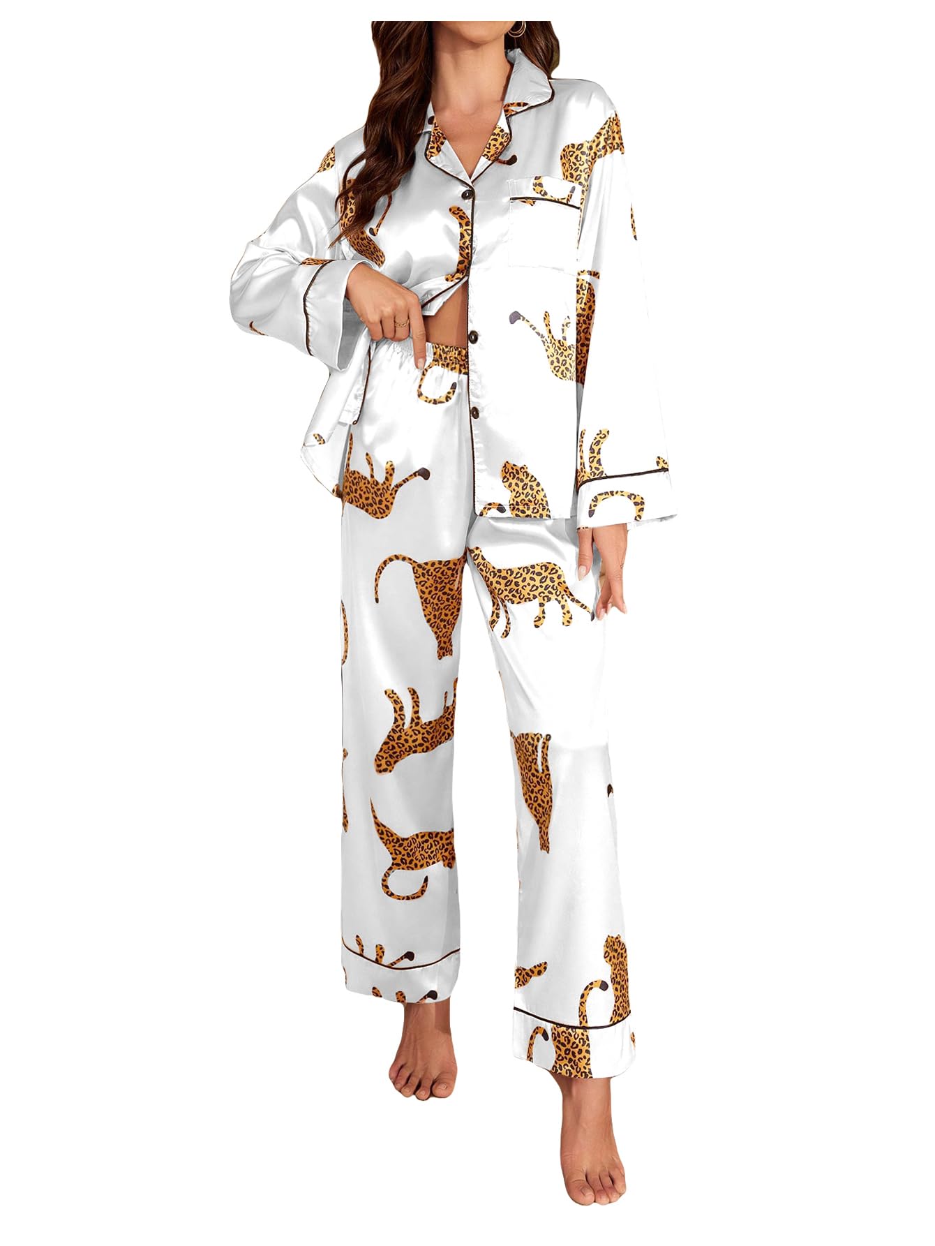 Photo 1 of SOLY HUX Women's Leopard Print Silk Satin Pajama Set Long Sleeve Button Down Shirt Pj Set 2 Piece Sleepwear White Leopard Large
