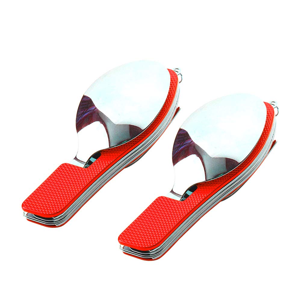 QitinDasen 2Pcs Premium 4 in 1 Folding Cutlery, Detachable 4 in 1 Folding Tableware, Stainless Steel Folding Camping Flatware Knife Fork Spoon and Bottle Opener (Red)