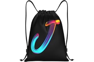 Pazacon Drawstring Bags Initial Drawstring Backpack Sackpack Black Draw String Cinch Bags for Sports, Gym, Travel, Swimming, Beach, Camping, Rainbow Letter J