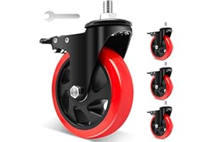 Nefish 5 Inch Stem Caster Wheels, Heavy Duty Threaded Stem Casters, UNC 1/2"-13 x 1", Safety Dual Locking, No Noise Swivel Casters, Set of 4 Castor Wheels for Cart, Trolleys, Furniture, Equipmentg